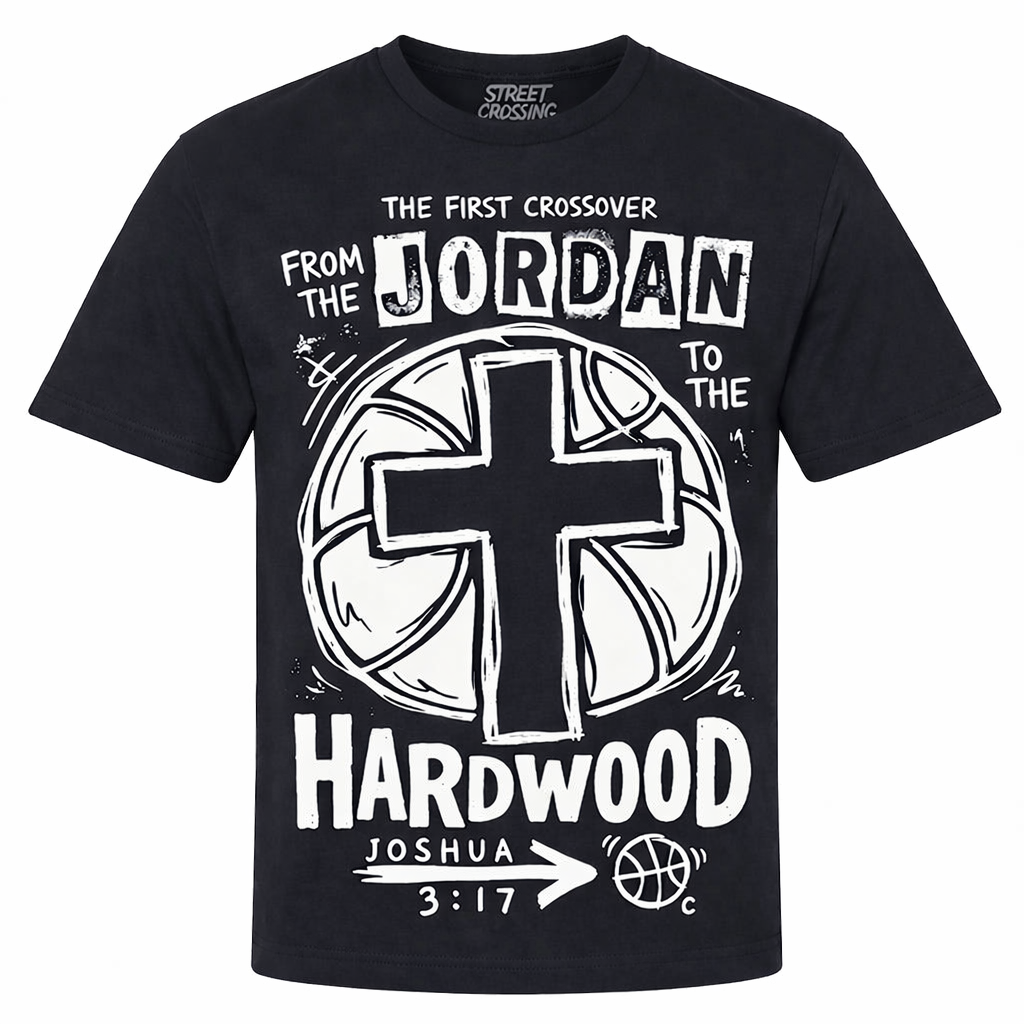 THE FIRST CROSSOVER™ Christian Basketball Shirt – From the Jordan to the Hardwood (Joshua 3:17)